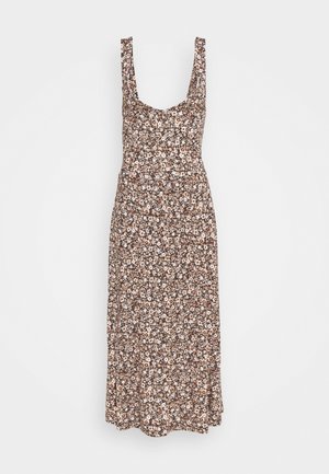 Sleeveless midi dress with square neckline and all-over small floral print in brown, cream, and orange tones.
