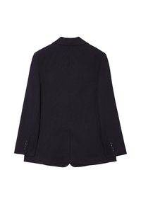 Blazer bleu marine à rayures avec revers cranté, fente simple et poignets à quatre boutons. Fabriqué en tissu lisse avec une coupe structurée.