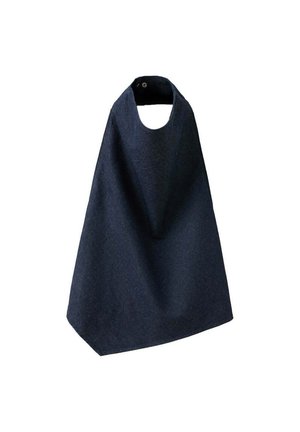 Dunkel marineblaue ärmellose Cape mit rundem Ausschnitt und Druckknopfverschluss am Kragen.