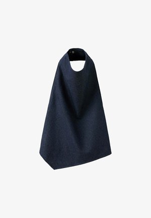 Dunkel marineblaue ärmellose Cape mit rundem Ausschnitt und Druckknopfverschluss am Kragen.