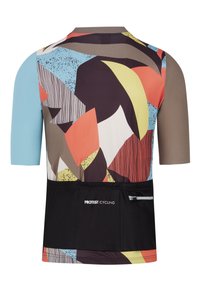 Maillot de cyclisme à manches courtes avec un motif géométrique coloré, une poche arrière noire et un mélange de matériaux en bleu, marron et teintes vives.
