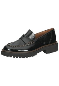 Black patent leather loafers with a moccasin-style toe, decorative leather strap, and chunky rubber outsole for traction.