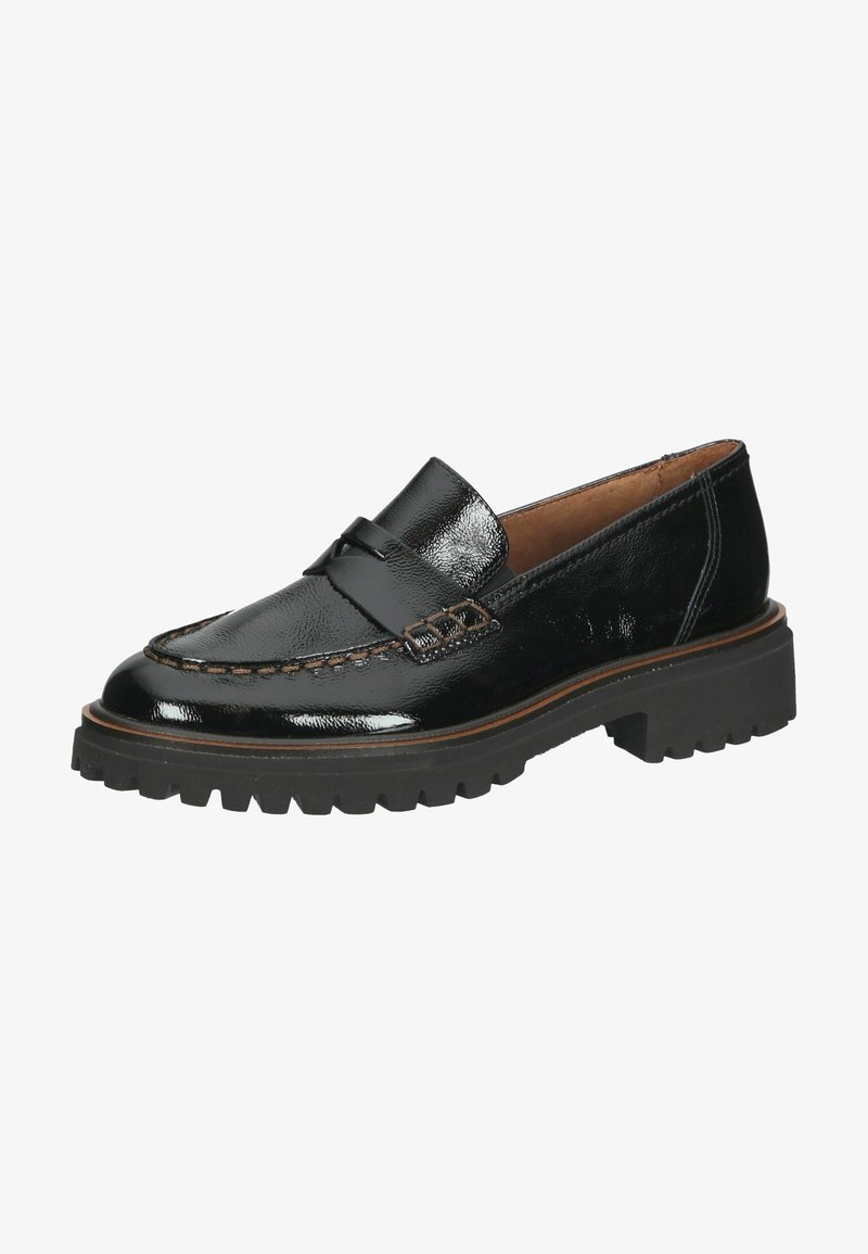 Black patent leather loafers with a moccasin-style toe, decorative leather strap, and chunky rubber outsole for traction.
