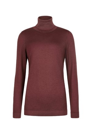 Burgunderfarbener Rollkragenpullover aus weichem Material, mit langen Ärmeln, taillierter Passform und gerippten Akzenten an Kragen und Bündchen.