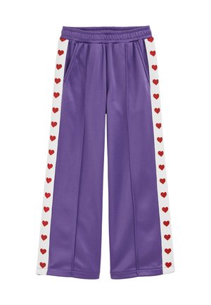 Pantaloni larghi viola con strisce laterali bianche e una fila di cuori rossi, dotati di vita elastica.