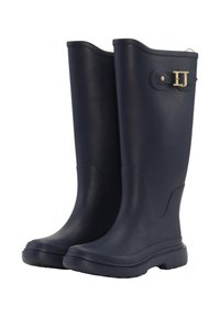 Námorní gumové dešťové boty s hladkým povrchem, zaoblenou špičkou a širokým lemem. Na boku mají zlatý sponový detail.