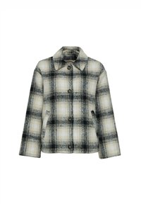 Checked wool jacket in beige, black, and white tones. Features a collared neck, button closures, and side pockets. Textured fabric.