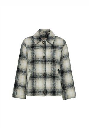 Kariertes Wolljackett in beige, schwarz und weißen Farbtönen. Mit Kragen, Knopfverschlüssen und Seitentaschen. Texturierten Stoff.