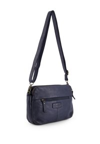 Navy Leder Umhängetasche mit einem Reißverschluss-Hauptfach, einer Vordertasche, verstellbarem Tragegurt und geprägtem Logodetail.