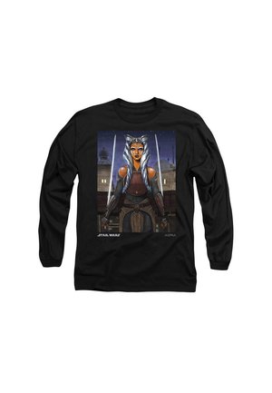 Schwarzes Langarmshirt mit einer Grafik eines Charakters mit zwei Lichtschwertern, buntem Outfit, stilisierten Details und einem Nachthimmel-Hintergrund.