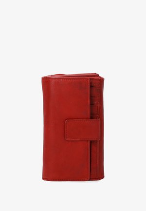 Red leather wallet with a textured finish, featuring a front flap with a snap closure, multiple card slots, and a zippered compartment.