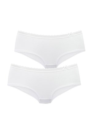 Zwei weiße Baumwoll-Damenunterhosen im Hipster-Stil mit gezacktem Spitzenbesatz und kleinen Schleifen am Bund auf weißem Hintergrund.