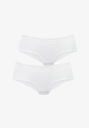 Two white cotton hipster-style women's underwear with scalloped lace trim and small bows at the waistband on a white background.