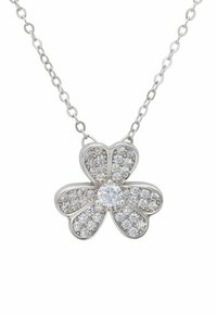 Hopeaketjun hopeakukkaketju, jossa on viisi terälehteä, koristeltuna pienillä läpinäkyvillä kivillä ja yhdellä suuremmalla keskikivellä. Säädettävä ketjun pituus.