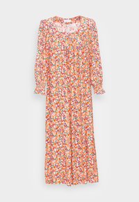 Robe maxi florale en tissu orange avec des manches bouffantes, un col rond et une taille froncée. Présente des motifs de fleurs et de feuilles multicolores.