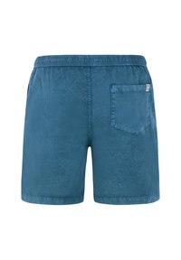 Blå shorts med en glat tekstur, elastisk talje og en enkelt baglomme. Minimalistisk design uden synlige mønstre eller hardware.