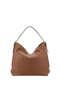 Brown leather handbag with a soft, textured finish, a hobo-style silhouette, and a single curved handle. Zippered top closure.