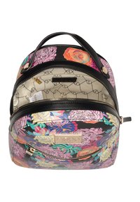 Sac à dos noir avec motif floral, en matériau synthétique, avec doubles zippers, poignée supérieure et doublure intérieure dans une teinte neutre avec un détail de logo.