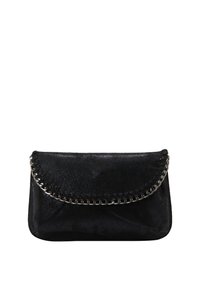 Fekete velúr clutch táska kerek fedéllel, ezüst l�ánc díszítéssel a tetején. Sima textúra, kompakt kialakítás.