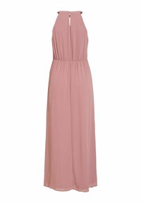 Robe longue sans manches couleur rose poussiéreuse avec taille froncée, encolure halter et détail dos ajouré. Tissu fluide et léger.