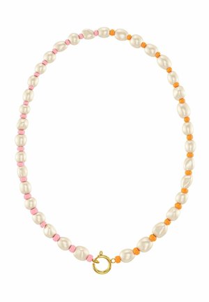 Necklace with irregular white pearls separated by alternating small pink and orange beads, featuring a gold round clasp.