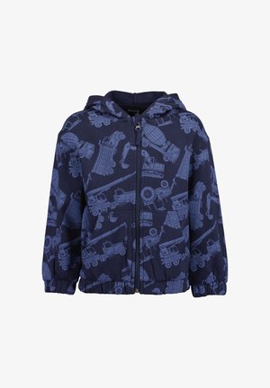 Felpa con cappuccio blu navy per bambini con zip, polsini elasticizzati e fantasie di veicoli da costruzione in tonalità di blu più chiare.