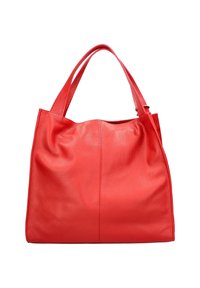 Rode leren shopper met een zachte textuur, brede open bovenkant en lange hengsels. Heeft een eenvoudig, onversierd ontwerp en een licht slungelige vorm.