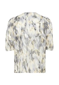 Short-sleeve blouse in sheer fabric with a wavy pattern in gray and yellow. Features puffed shoulders and a relaxed fit.