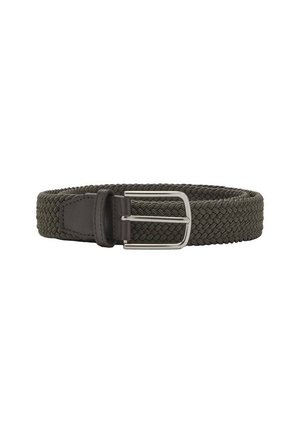 Ceinture élastique tissée de couleur vert foncé avec un accent en cuir marron et une boucle en métal argenté. Présente un design flexible et texturé.