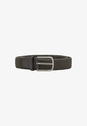 Woven elastic belt in dark green with a brown leather accent and a silver metal buckle. Features a flexible, textured design.