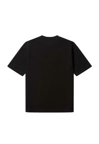 Black short-sleeve t-shirt, round neckline, made of cotton. Smooth texture and plain design with no visible logos or patterns on the back.