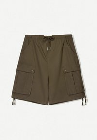 Cargo shorts in dark green fabric featuring an elastic waistband with drawstring, two side pockets, and two buttoned cargo pockets.