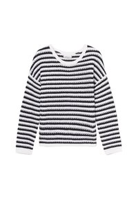 Knit pullover sweater with a crew neckline, featuring horizontal black and white stripes, and ribbed cuffs and hem.