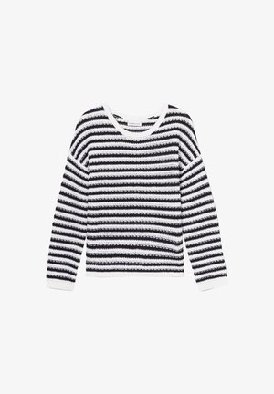 Knit pullover sweater with a crew neckline, featuring horizontal black and white stripes, and ribbed cuffs and hem.