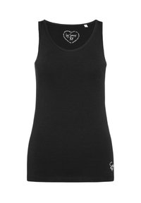 Camiseta sin mangas negra hecha de un tejido suave con un escote redondeado, que presenta un pequeño logotipo en la parte inferior derecha.