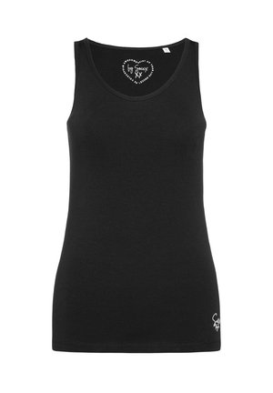 Zwarte mouwloze tanktop gemaakt van zachte stof met een ronde halslijn, voorzien van een klein logo accent aan de rechteronderzijde.