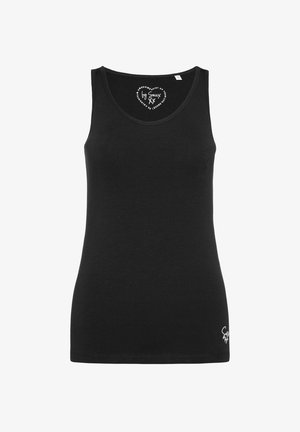 Black sleeveless tank top made from soft fabric with a rounded neckline, featuring a small logo accent at the lower right side.