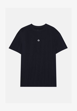 Sort bomulds t-shirt med rund halsudskæring, korte ærmer og et lille hvidt blomstermotiv centreret på brystet. Glat tekstur.