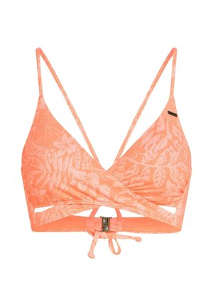 Top de bikini color coral con un patrón floral, con tirantes delgados ajustables, un diseño envolvente y un cierre trasero con detalle de lazo.