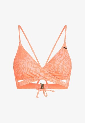 Top de bikini color coral con un patrón floral, con tirantes delgados ajustables, un diseño envolvente y un cierre trasero con detalle de lazo.