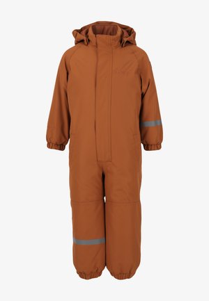 Bruine geïsoleerde sneeuwoverall met capuchon, elastische manchetten, reflecterende strepen op de benen en een rits aan de voorkant voor gemakkelijk aan- en uitkleden. Glad, duurzaam stof.