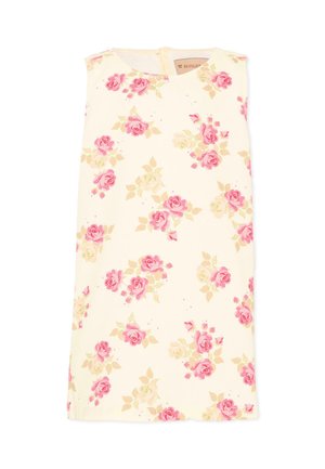Robe sans manches couleur crème avec un motif floral de roses roses et beige, col rond et fermeture éclair au dos.