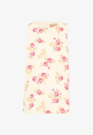 Robe sans manches couleur crème avec un motif floral de roses roses et beige, col rond et fermeture éclair au dos.