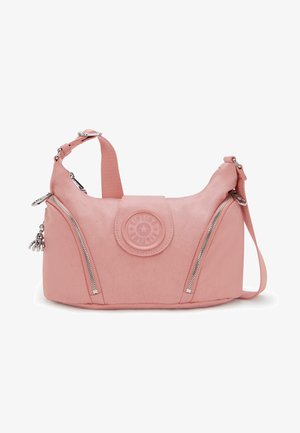 Borsa a spalla rosa con tracolla regolabile, due cerniere diagonali argento e un logo rotondo in rilievo al centro anteriore.