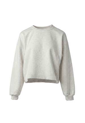 Jasnoszara krótka bluza z długimi rękawami, ściągaczami i okrągłym dekoltem, prezentowana na białym tle.