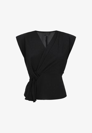 Zwarte wikkelshirt met korte kapmouwen, lichtgewicht stof, detail met voorknoop en een gladde textuur. Bevat een V-hals ontwerp.