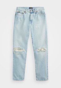 Jeans in denim azzurro chiaro con gamba dritta, caratterizzati da due toppe strappate sulle ginocchia, cuciture a contrasto e un classico design a cinque tasche.