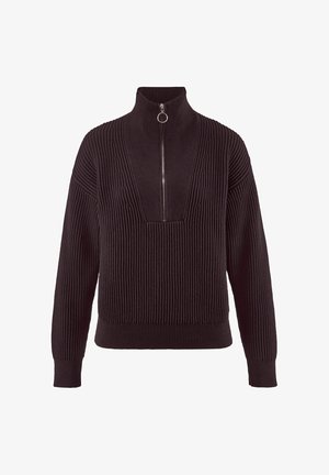 Zwarte geribbelde gebreide trui met hoge kraag, halve rits en kabelpatroon op de borst. Voorzien van lange mouwen en een aansluitende onderkant.