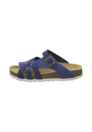 Blue open-toe sandal with cork sole, adjustable buckle strap, and multiple fabric straps across the foot, side view.