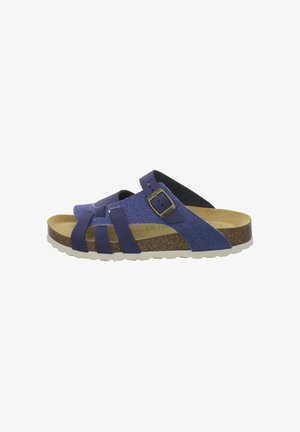 Blue open-toe sandal with cork sole, adjustable buckle strap, and multiple fabric straps across the foot, side view.